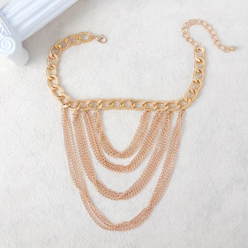 1pcs Women's Golden-Tone Multi-Layer Alloy Anklet for High Heels - Party and Prom Accessory with Cascading Chains and Tassels