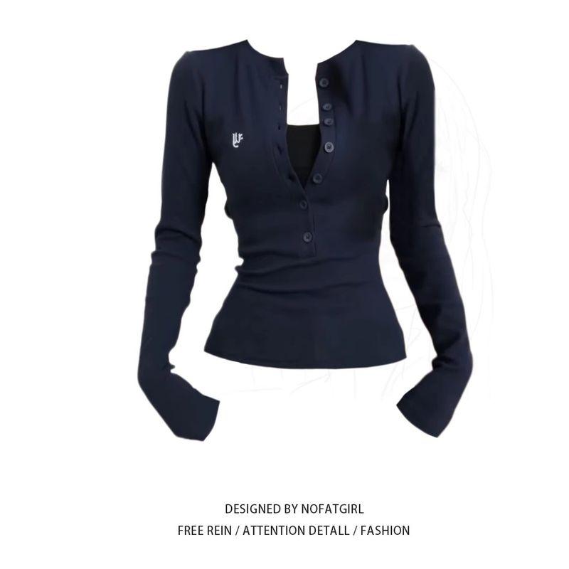 

Plus Size Fat Sister American Button Breasted Tight Long Sleeves T-shirt Silm Thin Bottoming Shirt Female Sexy Versatile Tops M