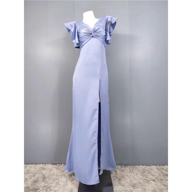 Export Single French Style Vintage Ruffled V-neck Backless Slit Long Dress Elegant Graceful Slim Looking Twisted Women's Dress