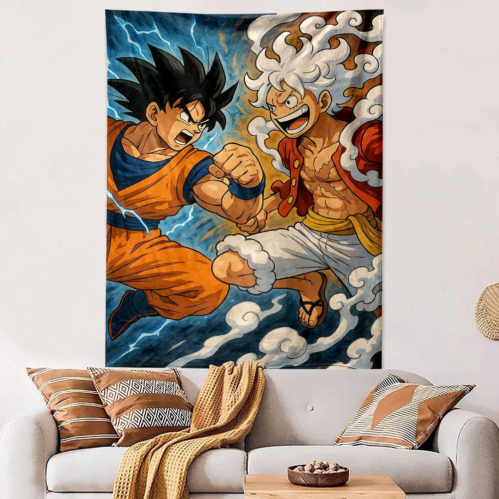 Goku vs Luffy Gear 5 Anime Crossover Wall Tapestry Dragon Ball One Piece Fist Clash Thunder Clouds Decor for Bedroom Dorm Gift