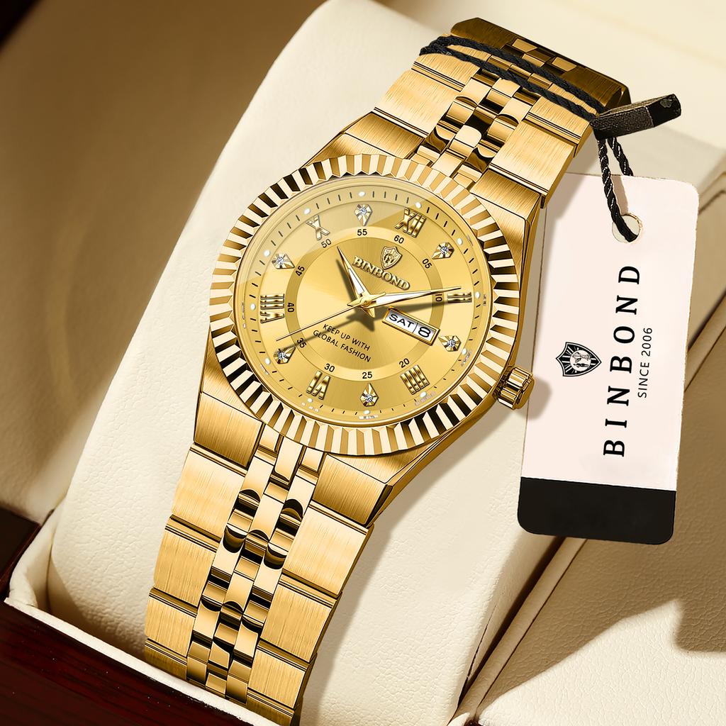 BINBOND Zirkon Luxus Uhr Original Robust Woche&Datum Wasserdicht Damen Uhren Damen Armbanduhr Quarz Uhr Für Damen +Box