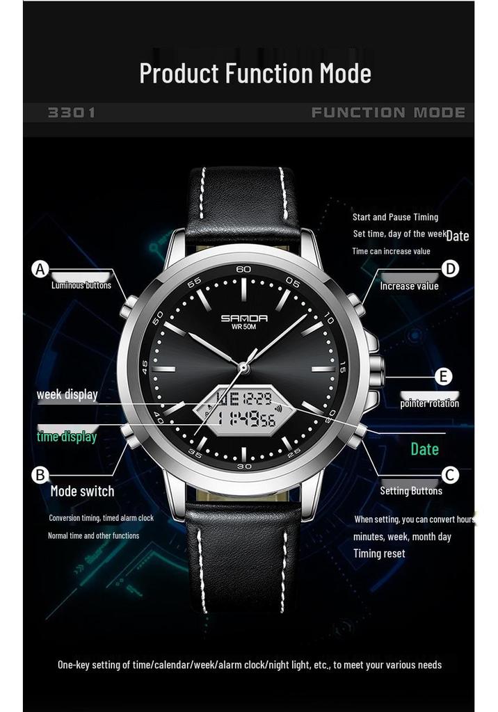 Sanda Men's Multifunction Luminous Waterproof Chronograph Steel Band Dual Display Watch