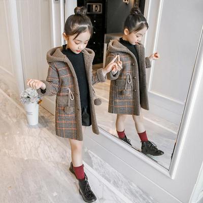 Fashion Autumn Winter Girls Hairy Coat Long Kids Outerwear Grid Pattern Warm Jacket  Button Luxury Design Single-Breasted