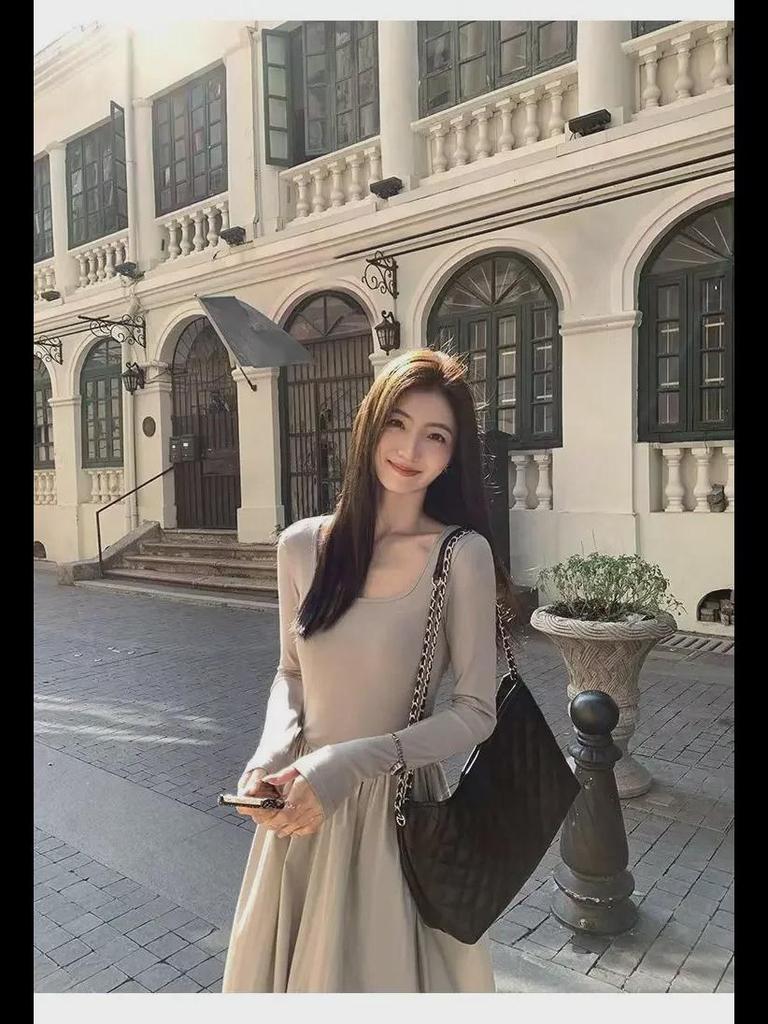 2024 Women's French Square Neck Long Sleeve A-Line Dress - Spring/Autumn Waist-Slimming Maxi