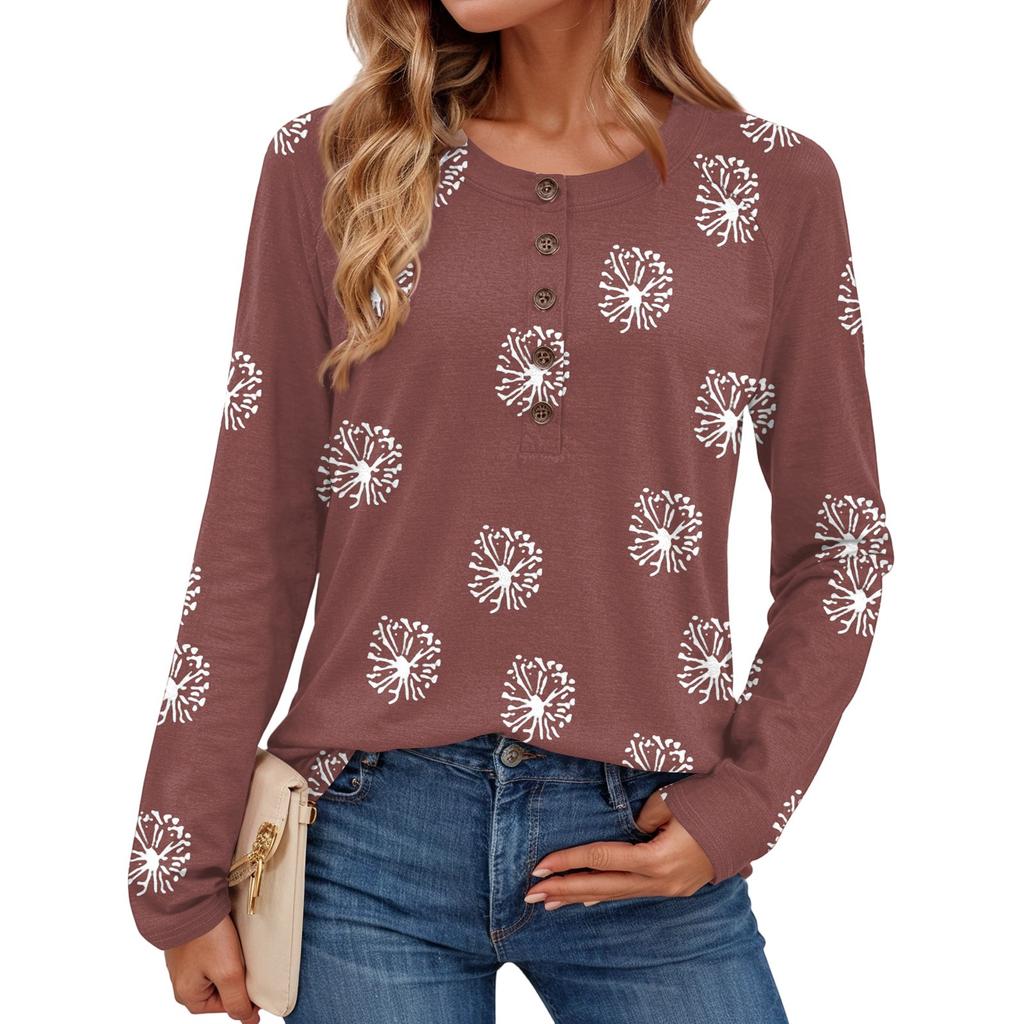 Damen Modisches Vintage Floral Print Rundhals Langarm Oberteil