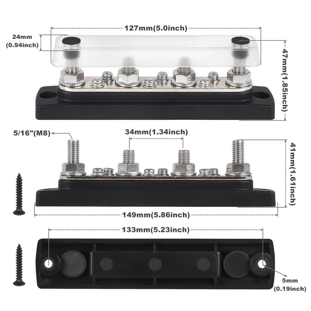 150A 12V-48V 4*M8 New Bus Bar Heavy Duty For Truck Car Black Power Distribution Block Terminal Stud for Marine Boat Truck Yacht