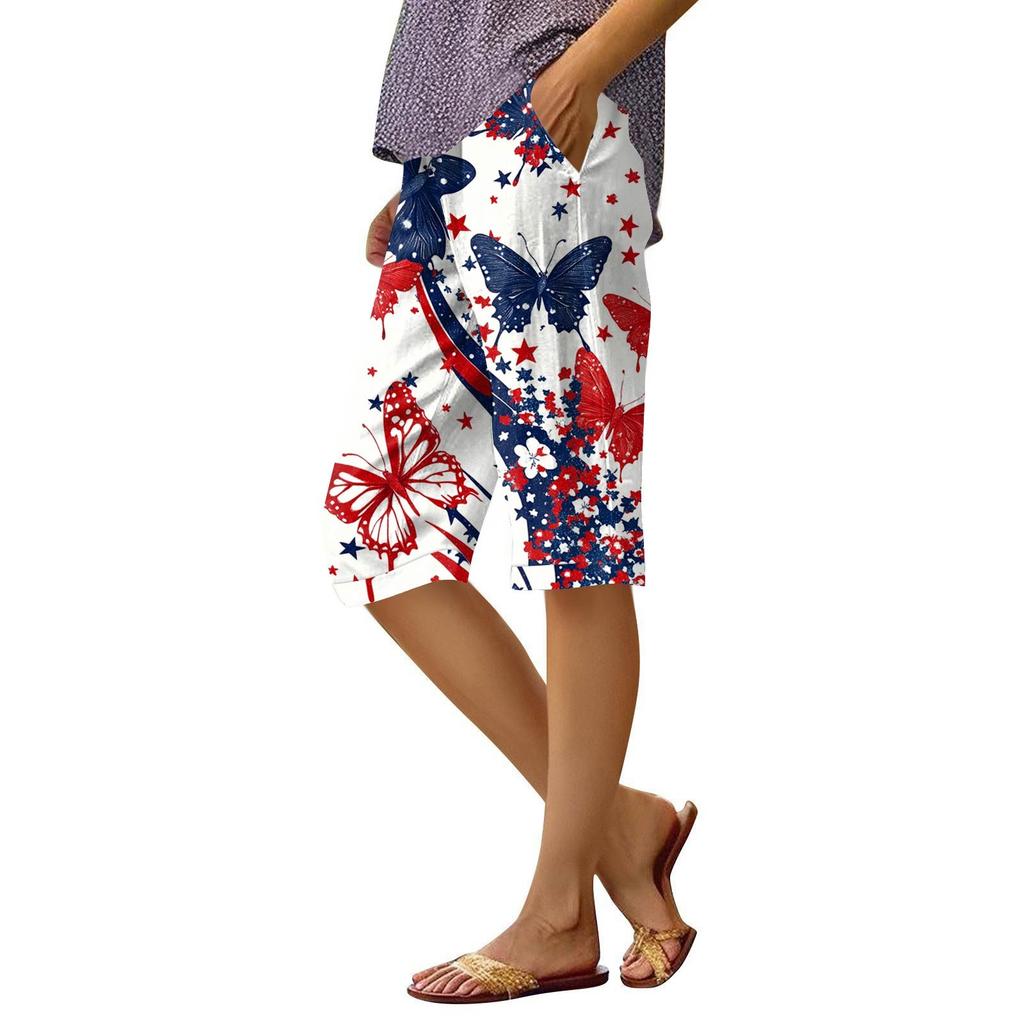 Damen-Shorts mit Druck, modische Tasche, elastische Taille, lässige Shorts
