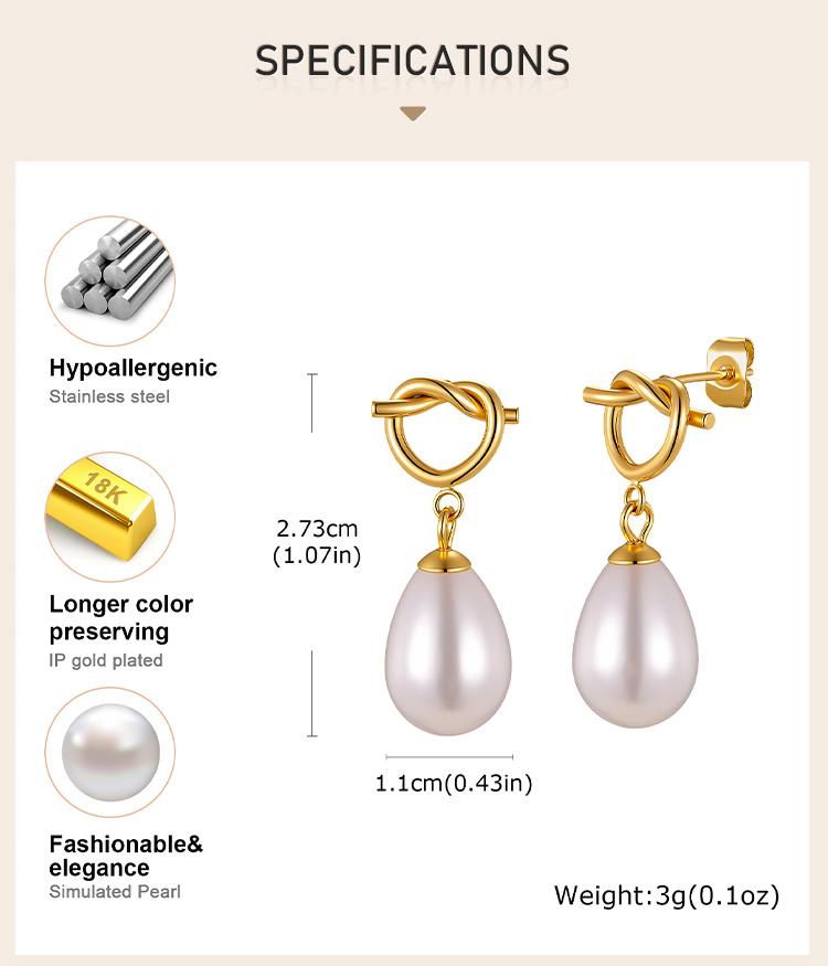 Drop Earrings with Knot Teardrop Pearl, 18K Gold Plated Stainless Steel Dangle Jewelry, Waterproof Anti-Tarnish Party Gift