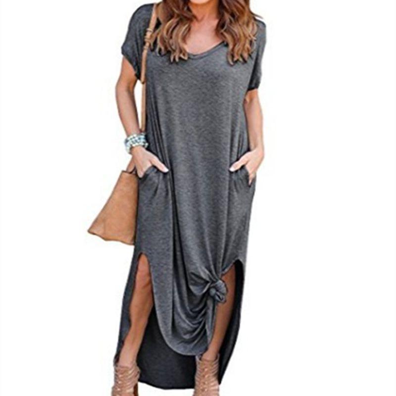 Polyester Vneck Pocket Split Long Dress For Casual Summer Wear