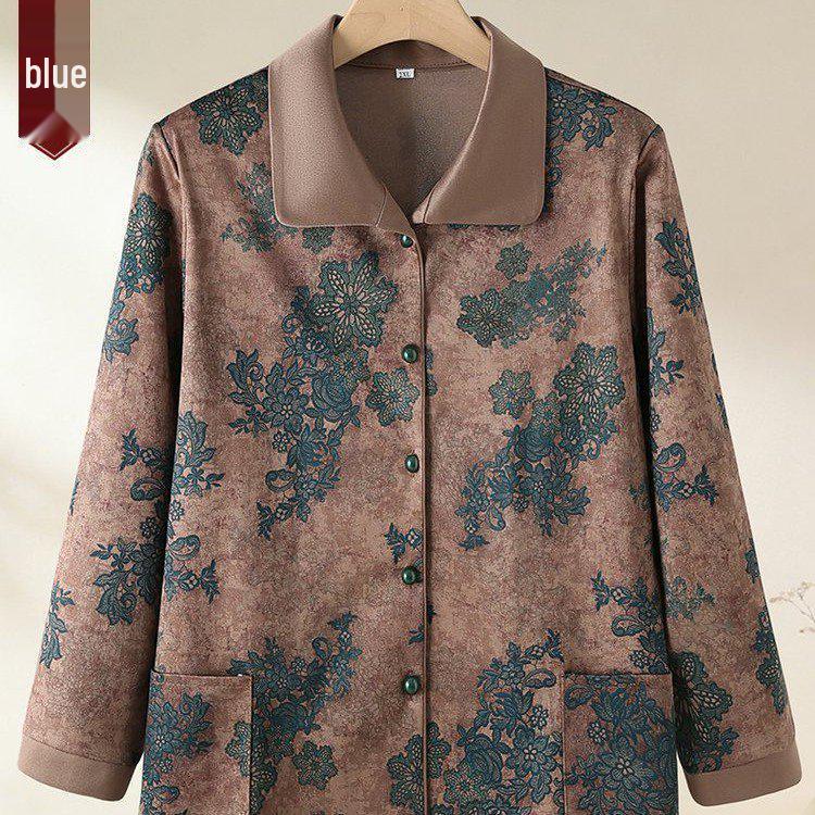 Floral Lapel Button-Up Loose Top for Middle-Aged and Elderly Women