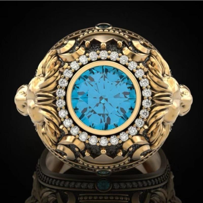 Tem's New Men's Ring, Gold Retro European and American Men's Ring, Lake Blue Diamond Crown Lion Ring.