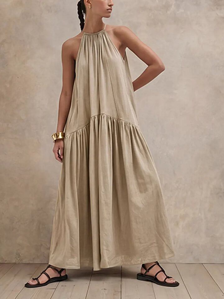 Women s 2026 European and American style explosion solid color bohemian style sleeveless lace-up pleated casual dress S