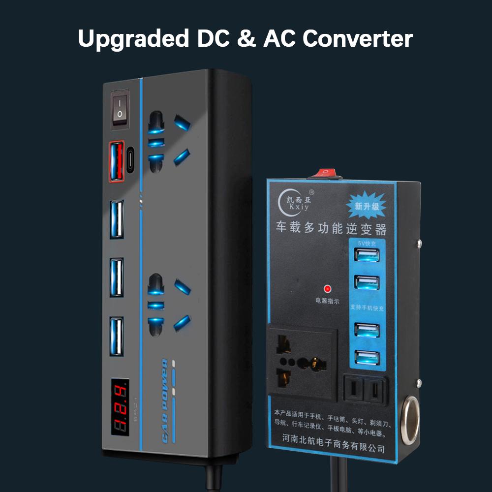 200W Car Inverter DC 12V/24V To AC 110V/220V Converter 8 Ports Sockets ON/OFF Switch USB/PD/Type-C Chargers QC 3.0 Power Adapter