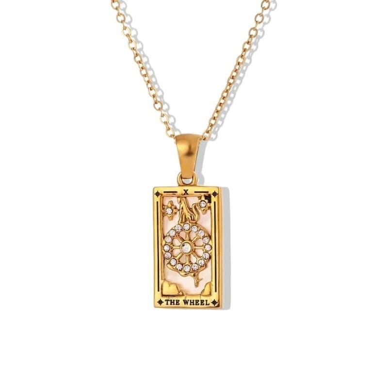 Vintage Tarot Card Necklace, Stainless Steel Pendant with Rhinestone and Drip Oil, Clavicle Chain, Titanium Steel Women s Jewelry.