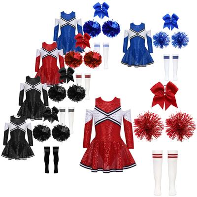 Trajes de Danza de Animación Infantil Niños Niñas Lentejuelas Uniformes de Animación Vestido con Flores de Mano Calcetines Disfraz de Animadora