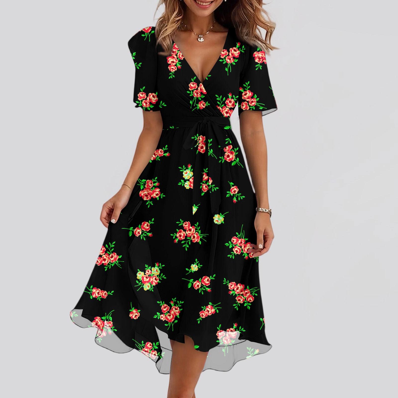 

Женские модные повседневные платья с V-образным вырезом, короткими рукавами и оборками, винтажным принтом L чёрный