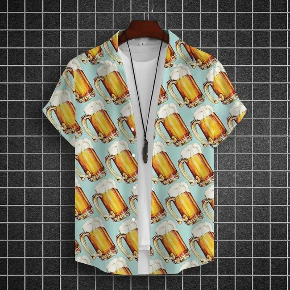 Hawajska Koszula Męska 3D z Nadrukiem Piwa Krótki Rękaw Koszule Koszulka na Imprezę Piwną T-shirty Letnie Codzienne Luźne Oversize Odzież Męska