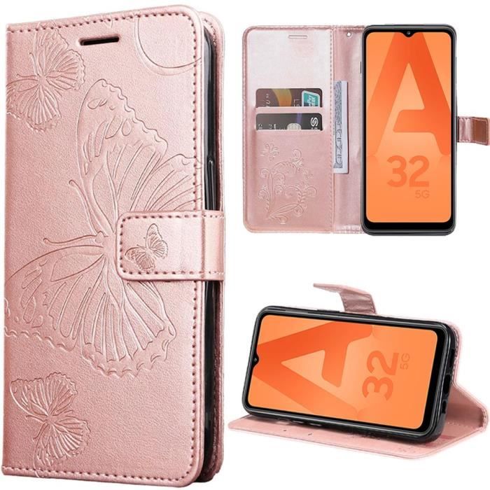 Coque - Samsung - Galaxy A32 5G - Cuir PU - Motif Papillon - Support Vidéo