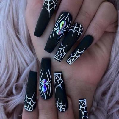1 Set Halloween Spider Web Fake Nails with Glue Gothic Black Long Nail Extension Full Cover Home Salon Women Girls Acrylic Press On Nails Kit