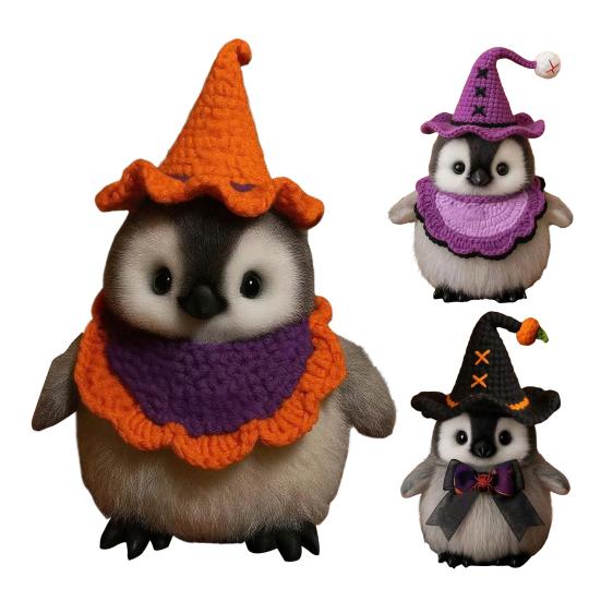 Halloween Penguin Doll 10" Penguin Plush Doll Toy with Knitted Witch Hat Small Stuffed Animal Desktop Decoration Gifts for Kids Boys Girls
