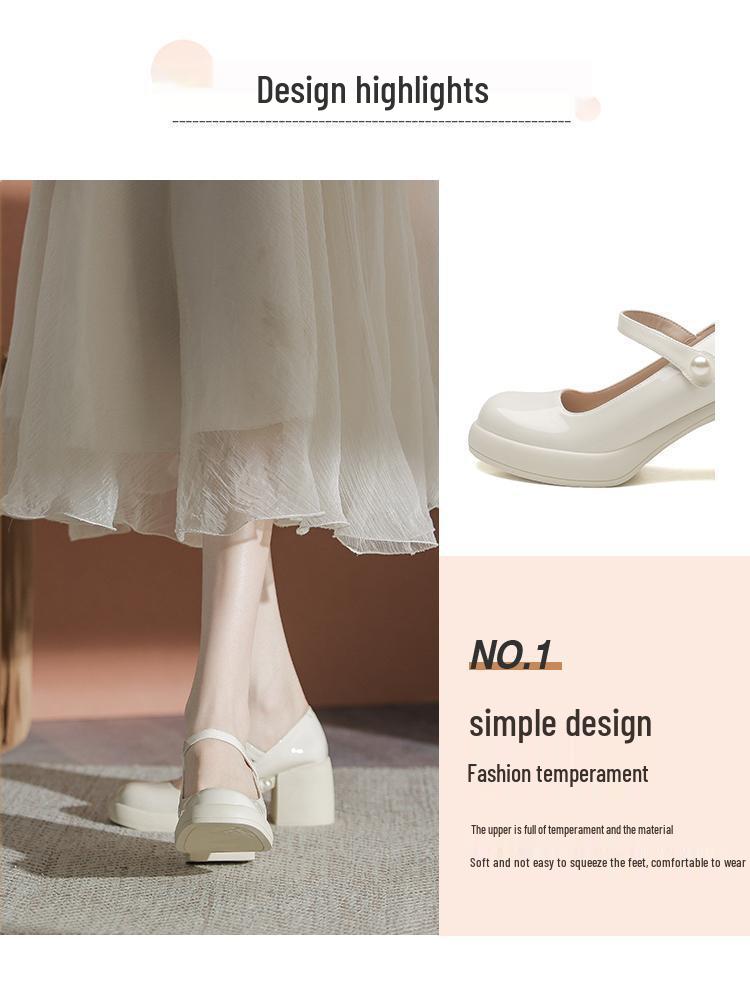 White Chunky Sole Mary Janes - Women's Spring/Autumn 2025 High-Heel Elevating Leather Shoes