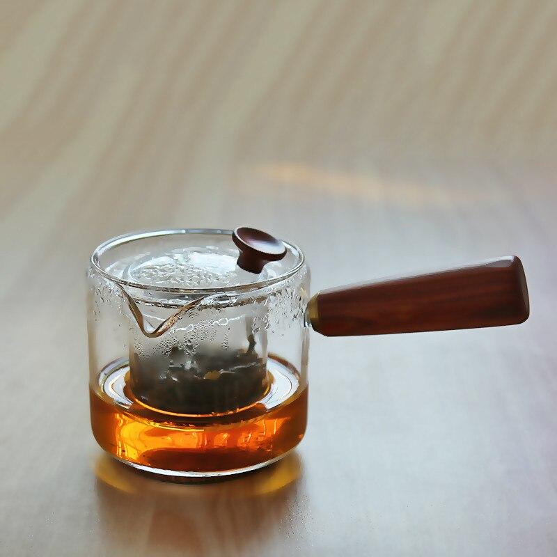 500 ml varmebestandig tekanne i glass med trehåndtak, tekanne av glass, melkete