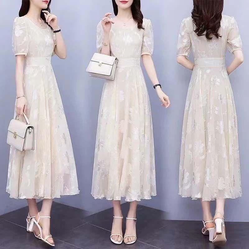 Floral Short Sleeve Dress for Women - Korean Style Waist-Cinched Slimming Skirt