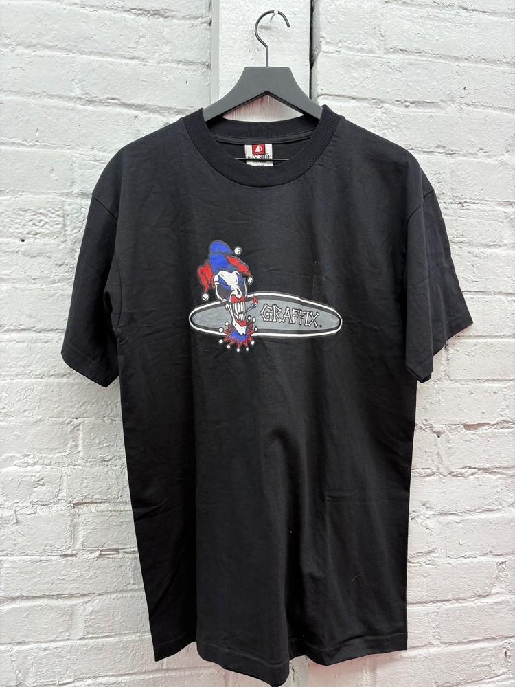 Vintage Graffix Shirt Mens Large Black Clown Jester Graphic Bayside USA 90s Tee Unisex T-Shirt M