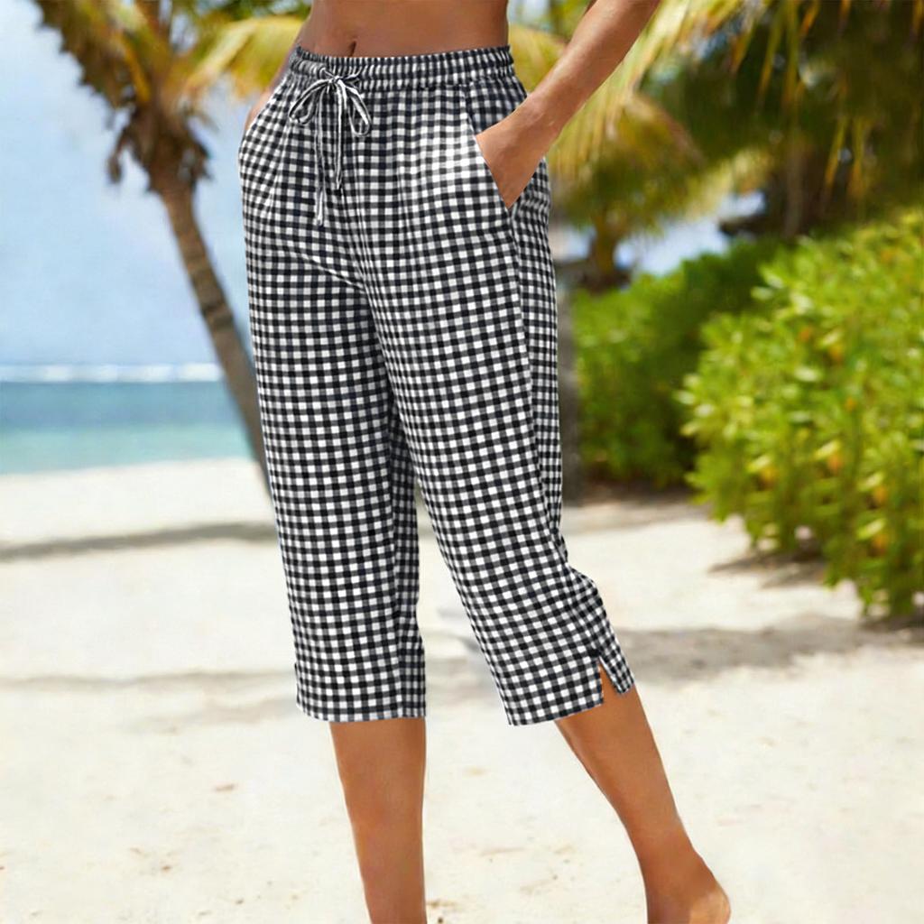 Damen Mode Kariert Print Elastischer Bund Zum Binden Locker Freizeit Sieben-Achtel 7/10 Hose