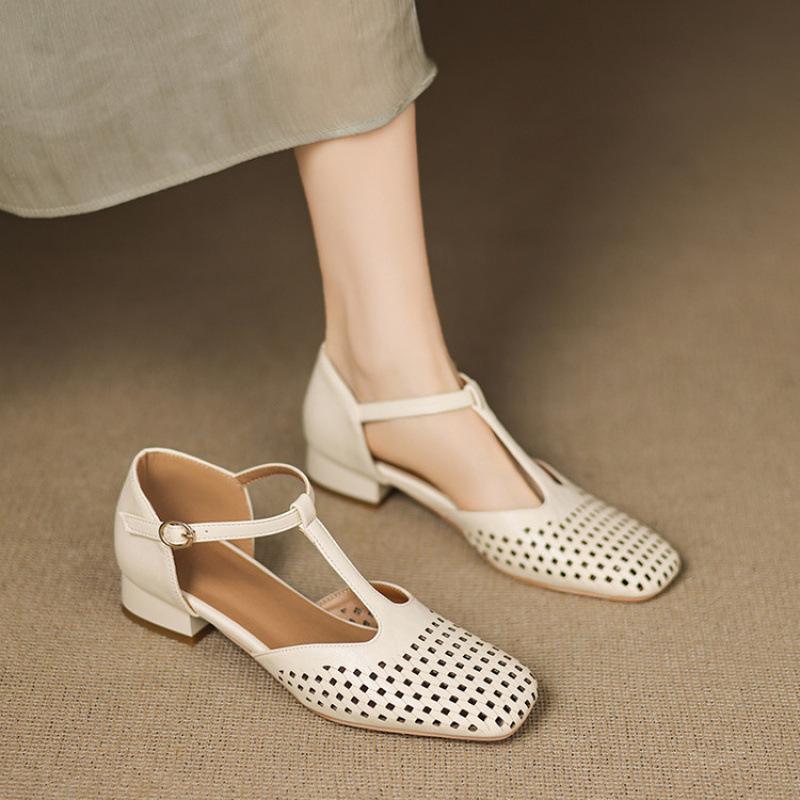 Summer women's hollow sandals casual solid color bag heel size women's shoes buckle new square head flat bottom sandals women