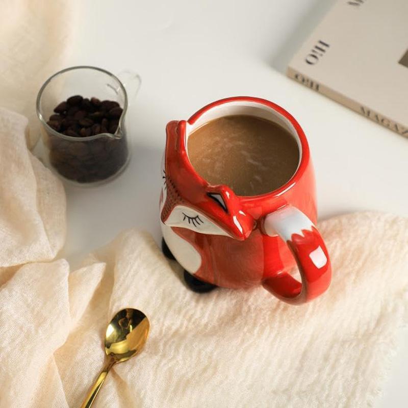 330ml 3D Cute Fox Ceramic Mug with Lid , Novelty Animal Coffee Cup for Tea Milk, Birthday Gift Home Decor