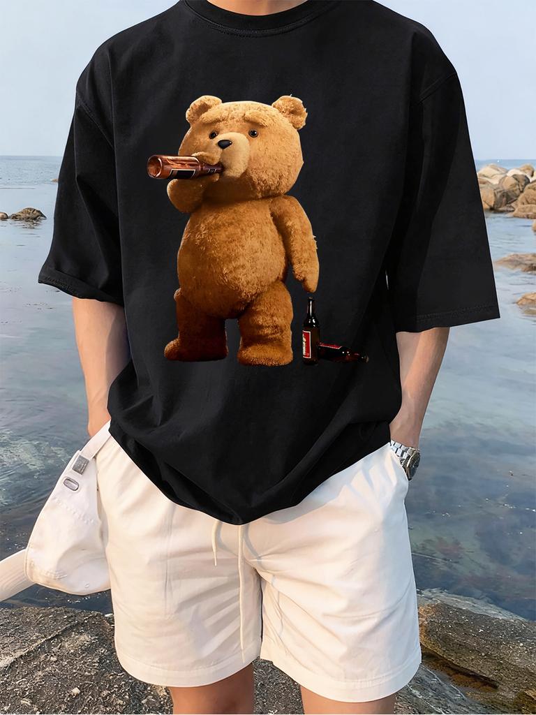 The Melancholic Bear Drinking Printing TShirt Women Cotton Summer T Shirt Comfortable Loose ONeck Tops Street Woman Clothes