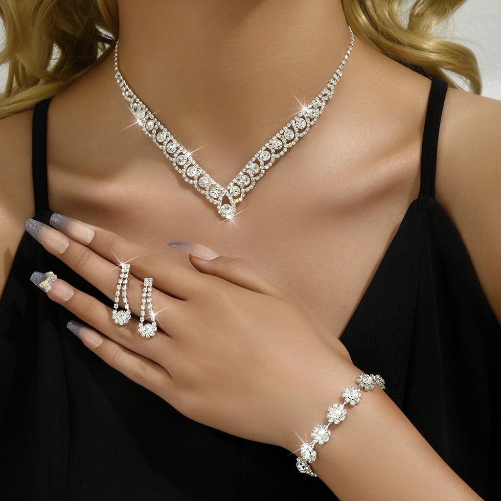 Delicate Necklace Earrings Set Bracelet Three-Piece Set Rhinestone Clavicle Chain Dinner Dress Accessories Women