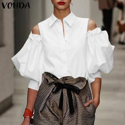 Womens Blouse 3/4 Puff Sleeves Cold Shoulder Casual Loose Shirts