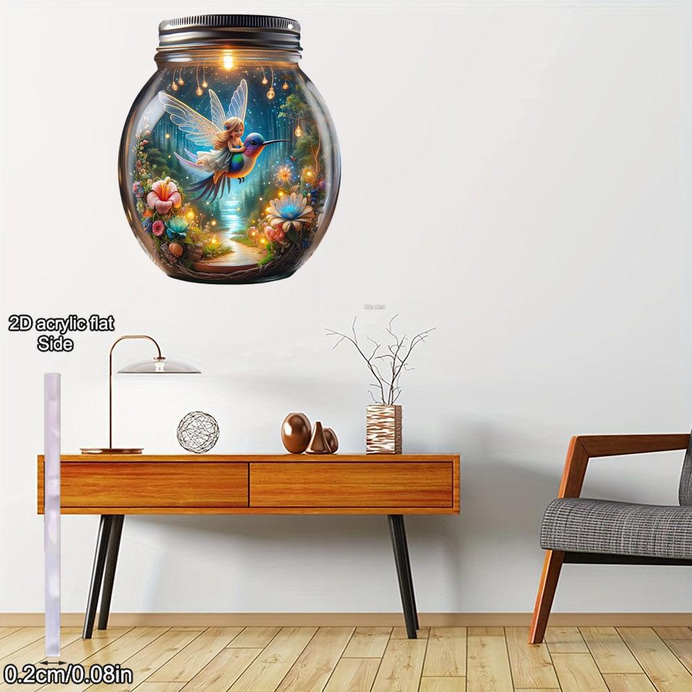 2D Flat Acrylic Mason Jar Hangings Decor, Plants Flowers, Fairy, Hummingbird, Mason Vase Painted Outdoor Decor Living Room Wall Window Pendant