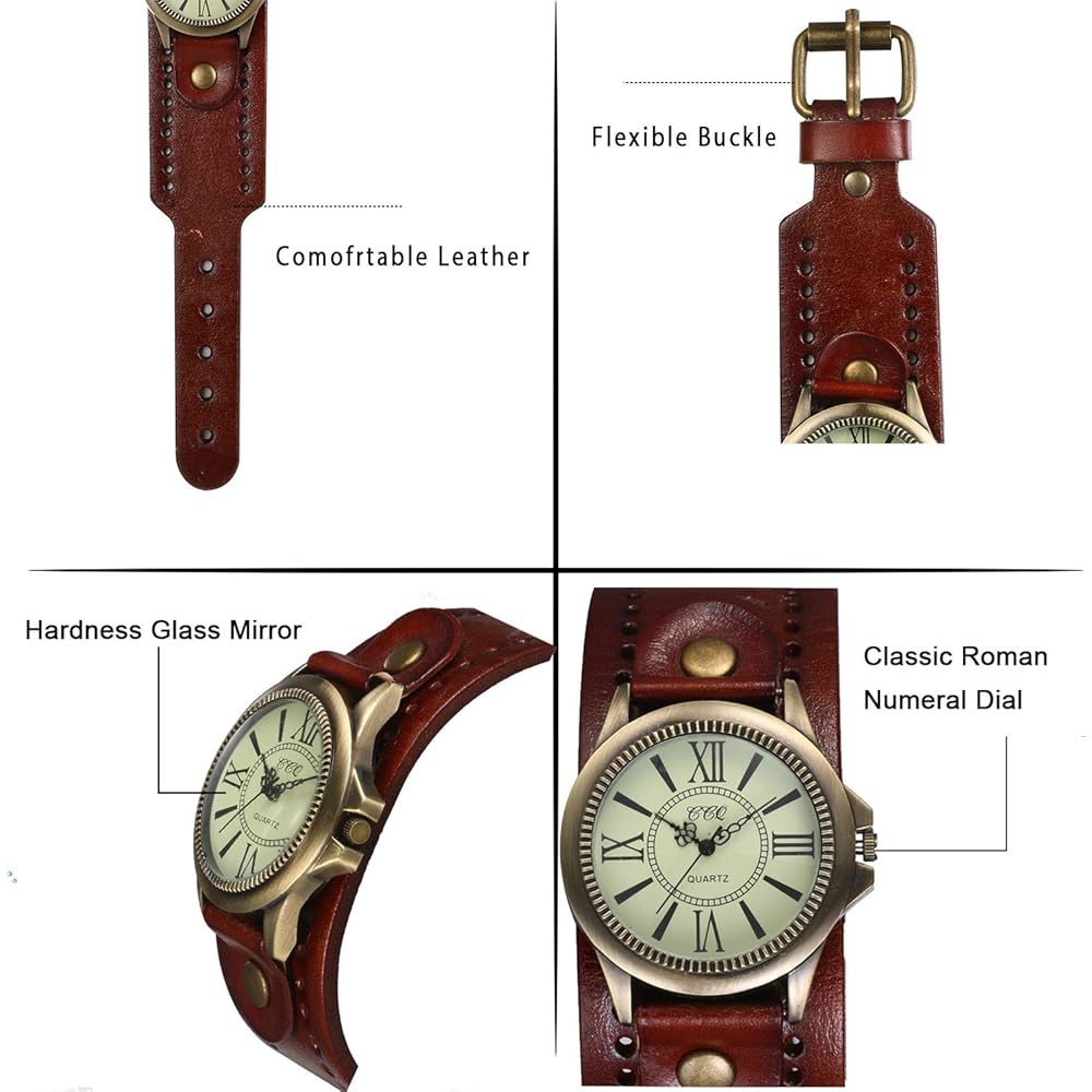 JewelryWe Antique Style Unisex Watch Retro Dial Frame Leather Alloy Brown