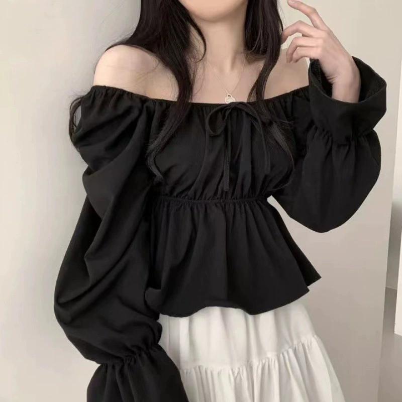 Camicia da Donna Dolce Stile Coreano per Primavera/Autunno, Scollo Quadrato, Vita Legata, Maniche a Campana Arricciate, Modellante