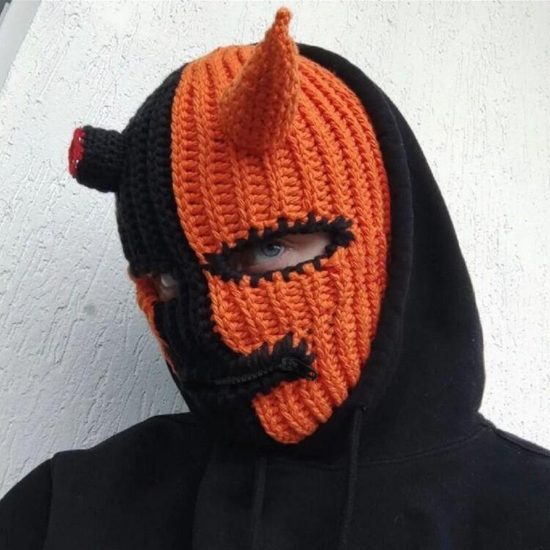 1 Stück Halloween Gehörnte Sturmhaube Gestrickte Maske Plüsch Polyester Warme Kostüm Mütze für Winterparty Cosplay Requisiten Fotomütze