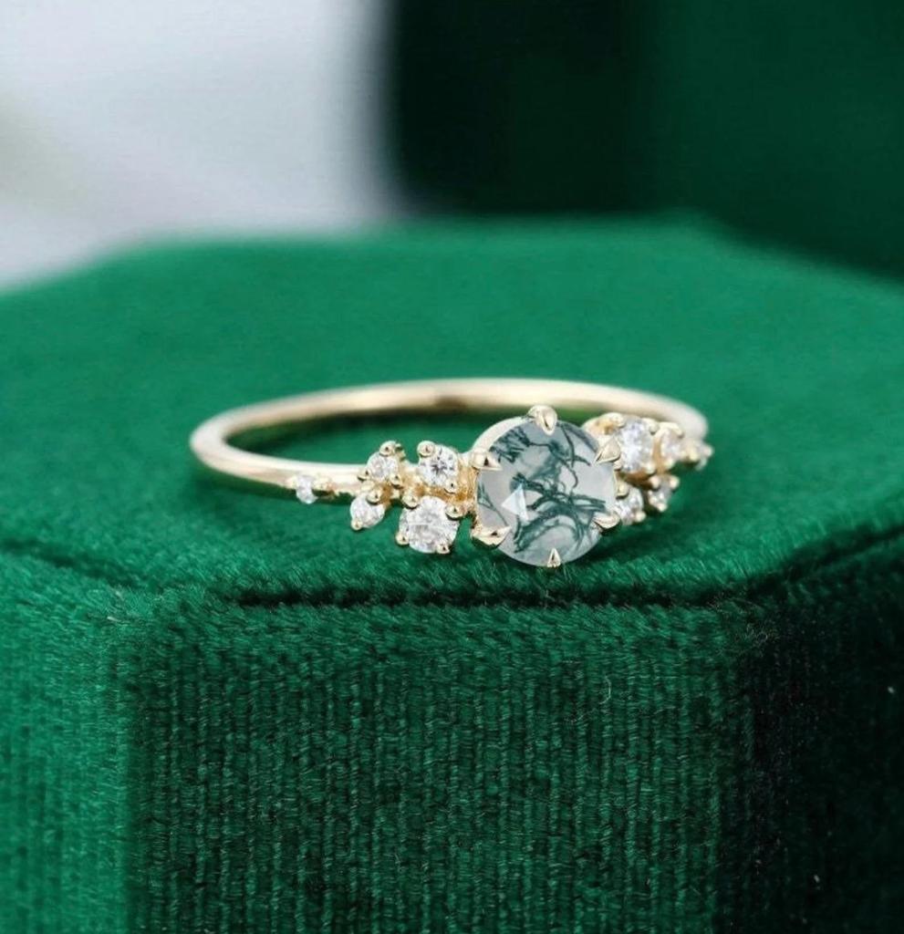 Dainty moss agate promise ring for her, Unique moss agate engagement ring, Rose Gold Plated moss agate ring, Anniversary ring gift