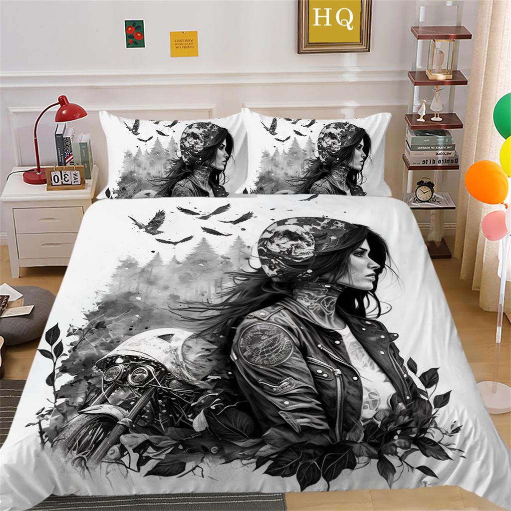3D Beauty Skull Head Bedding Set Motorcycle Beauty Print Bedroom Decoration Quilt Cover and Pillow Cover 2/3 Pieces White Background Home Decoration