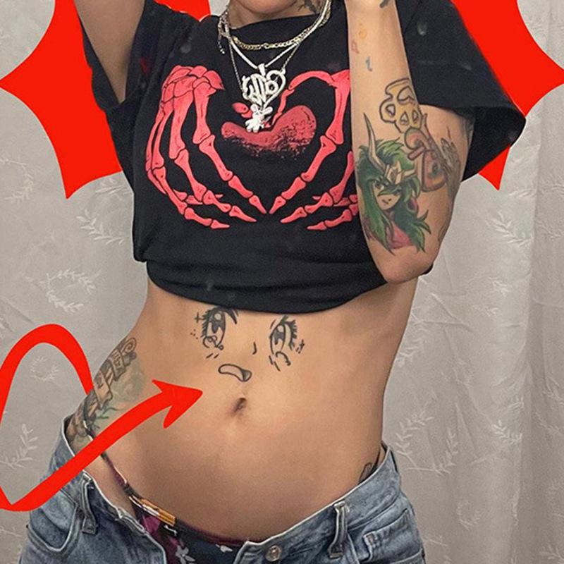 Potisk Harajuku Černé Crop Tops Ženy Léto Punk Goth Tops Hip Hop Vintage Krátký rukáv Streetwear Volné Ležérní Dámské tričko