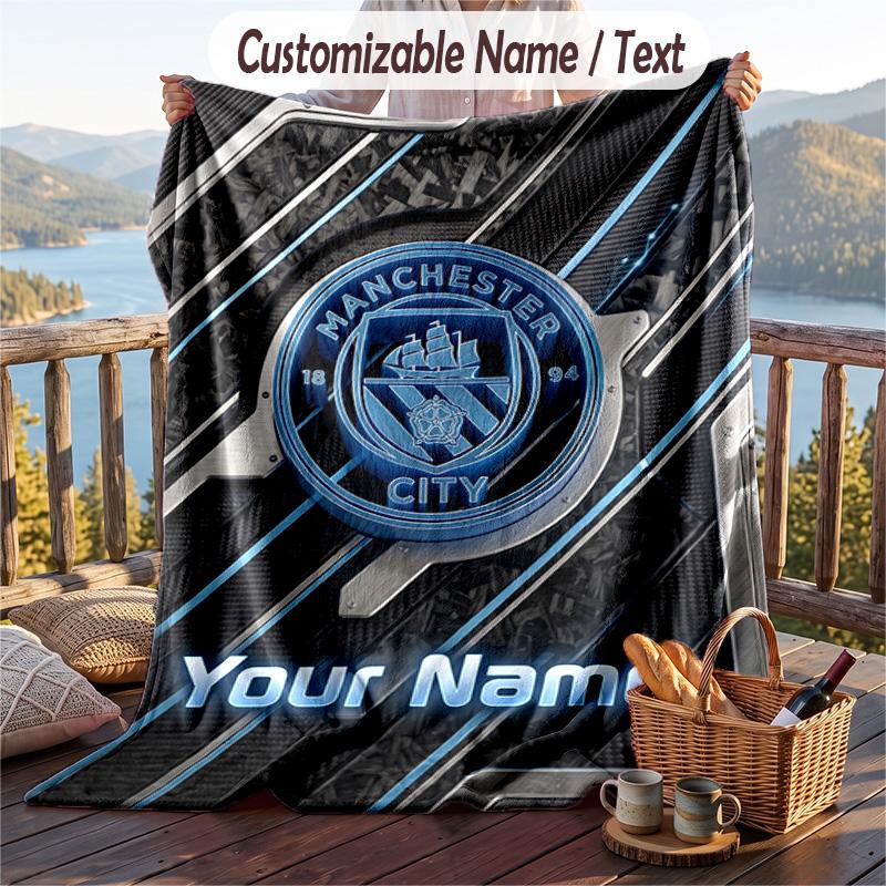 Flannel Blanket Manchester City Print Custom Name Text Soft Throw for Sofa Bed