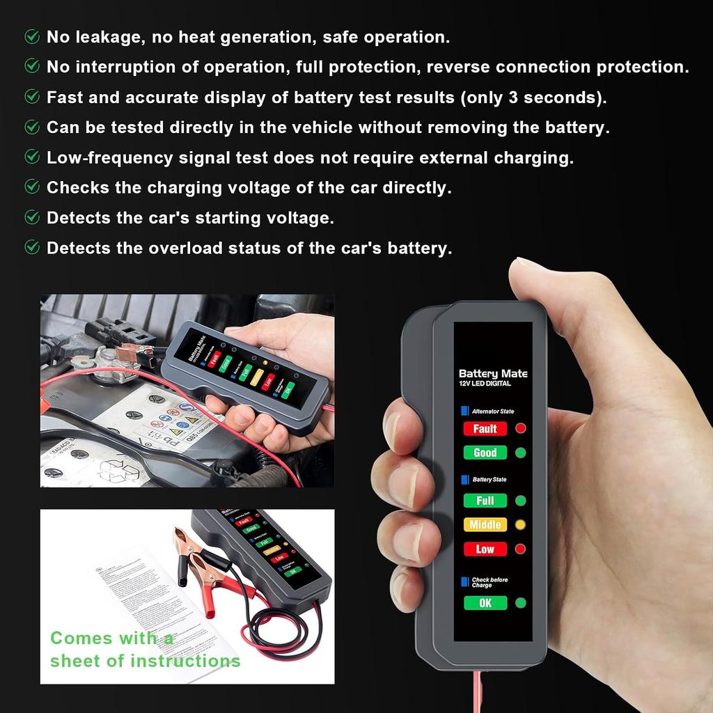 12V Car Battery Tester, Automotive Digital Battery Alternator Tester with LED Indication, Detector Checker to Test Battery Condition & Alternator