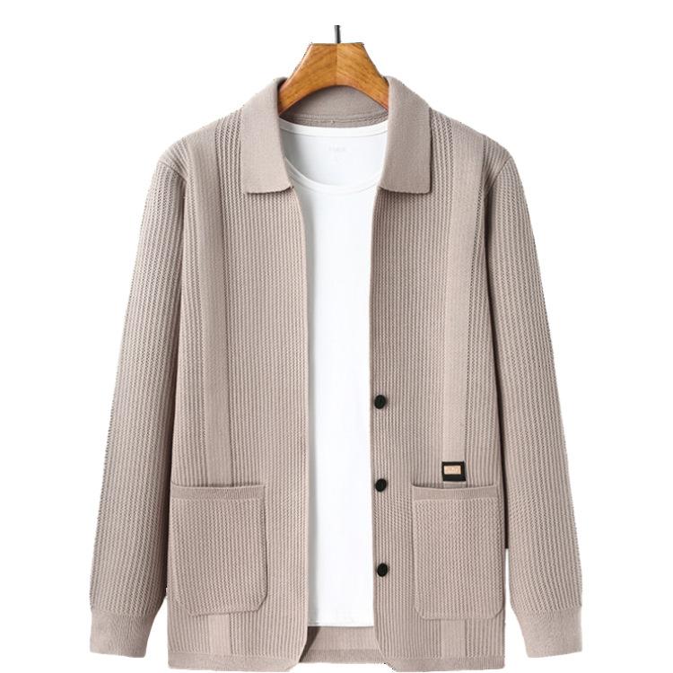 Men'S Mid-To-High-End Spring And Autumn Thin Jacquard Cardigan Real Pocket Sticker Casual Loose Simple Knitted Long Sleeves