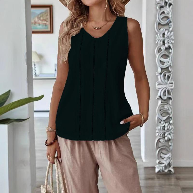Bluză de vară largă cu decupaje pentru femei, culoare solidă, gât rotund, cămăși casual, modă pentru doamne, topuri tip maieu elegante, dulci, cu dantelă, vestă simplă de birou