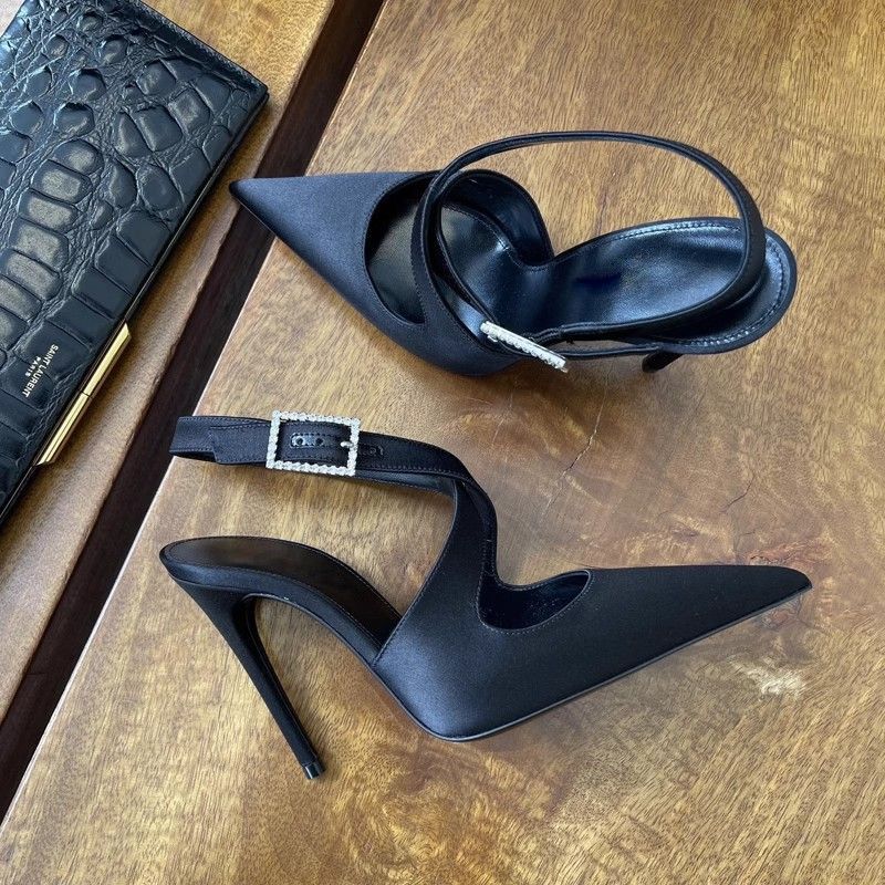 2025 New Pointed Cross Rhinestone High Heels Women's Sexy Versatile Banquet Dress Bag Head One-word Buckle Sandals