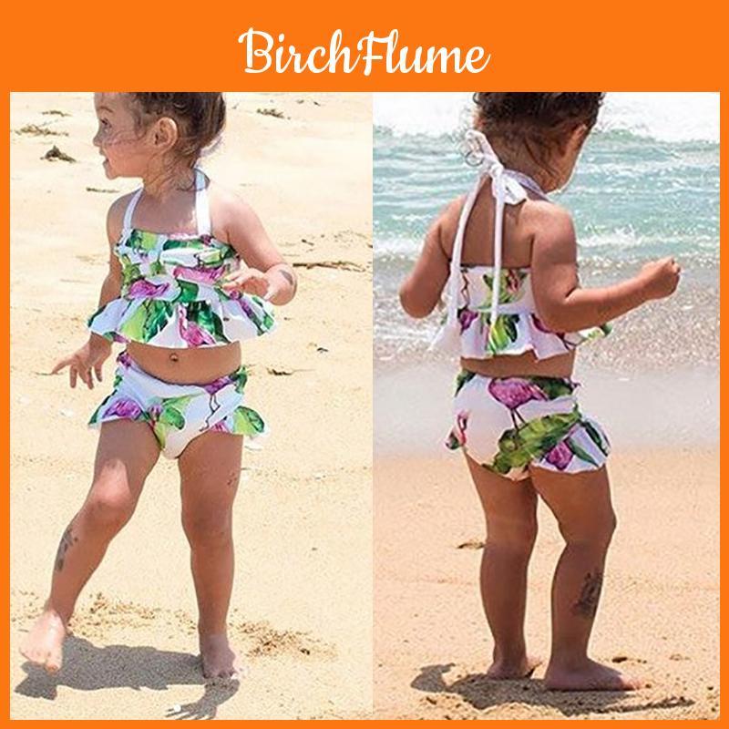Uroczy Zestaw 2 szt. Dziewczęcych Bikini z Falbankami i Kwiatowym Wzorem z Uroczym Wzorem Flaminga