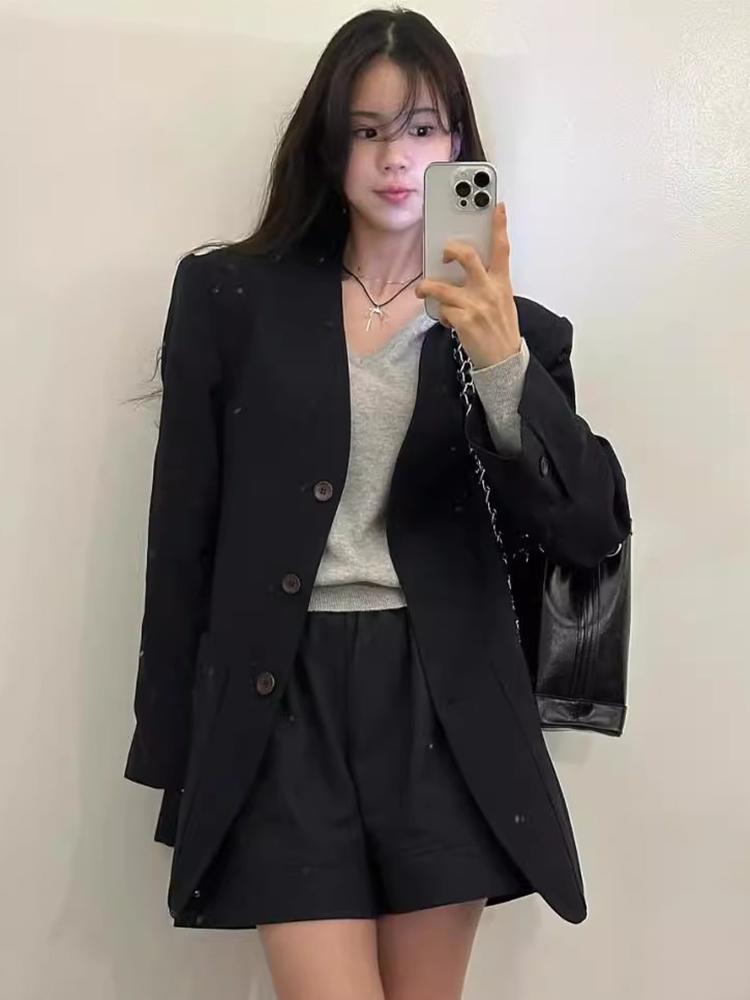 

Южная Корея шикарная осень ретро высококачественная V-образный вырез однобортный большой карман свободный повседневный длинный рукав для женщин one size чёрный