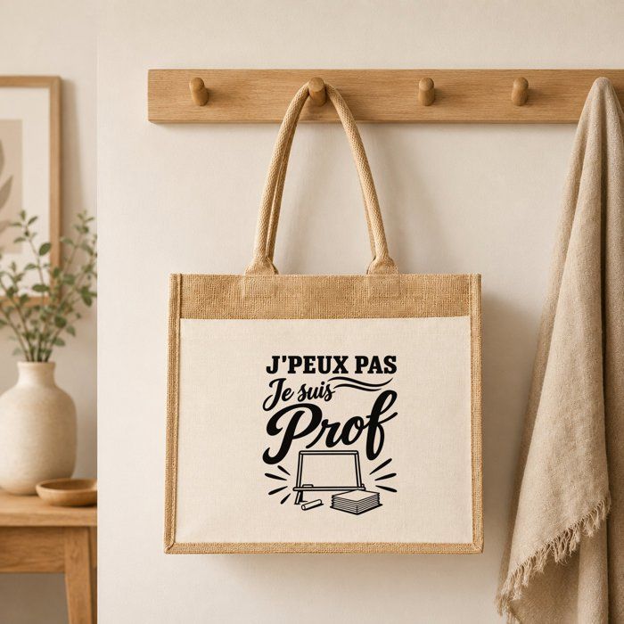 Sac Cabas Jute avec Poche J’peux pas je suis Prof J'peux pas minimaliste | Toile de Jute et Coton 21 L Fond Plat Anses 65 cm