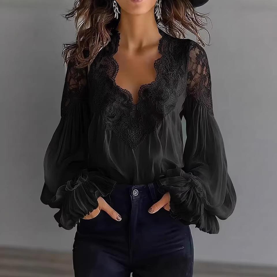 Жіноча сорочка з мереживною вставкою та пишними рукавами, плісирована, європейська та американська, 2026